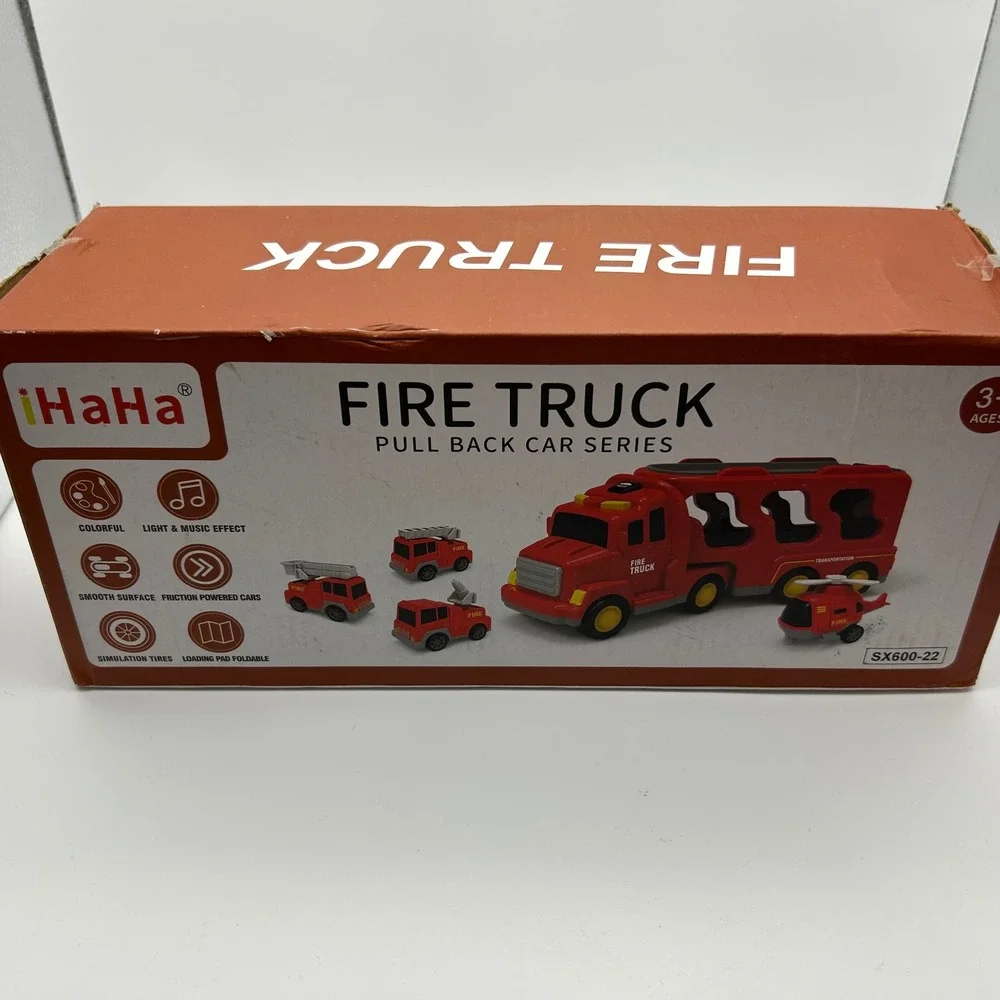 iHaHa Fire Truck Pull Back Car Series Toy Transporter Truck with 4 Mini Fire Veh